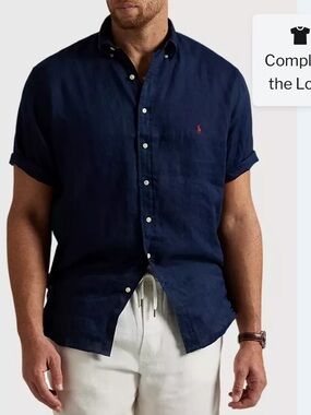 Polo by Ralph Lauren Navy Short-Sleeve Button-Down Linen Shirt with Red Pony